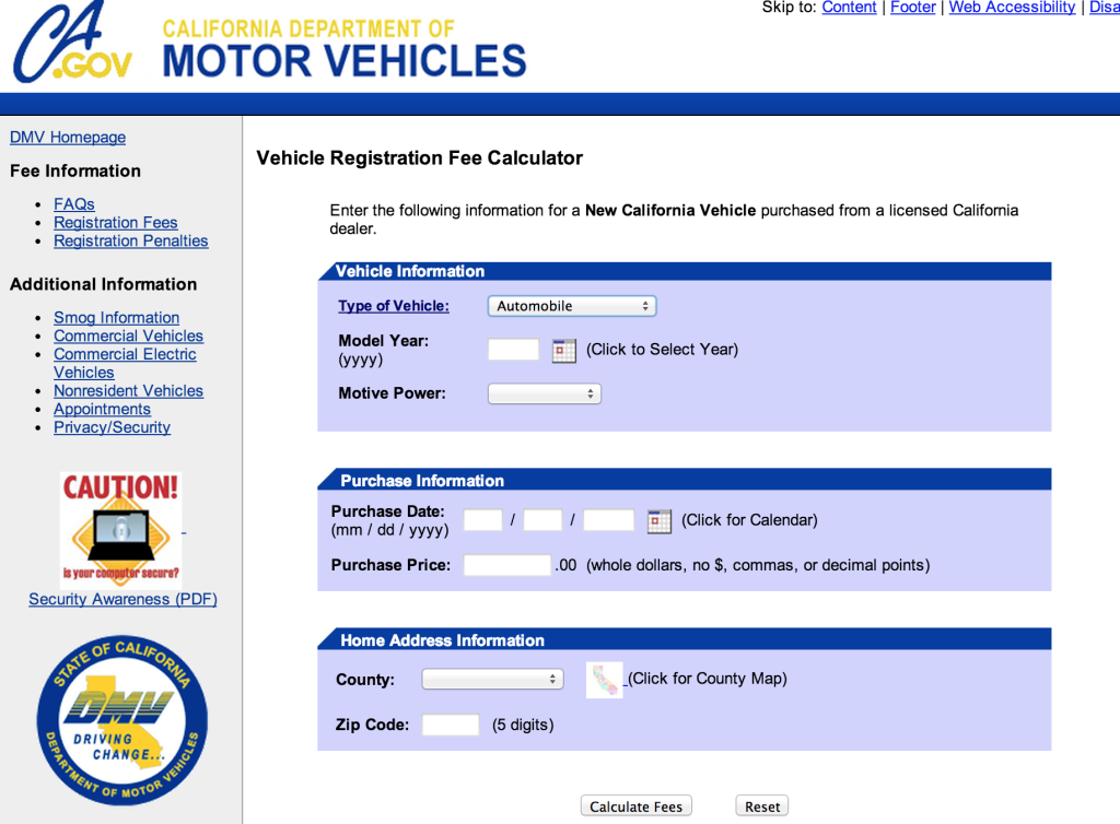 DMV New Vehicle Registration fee calculator