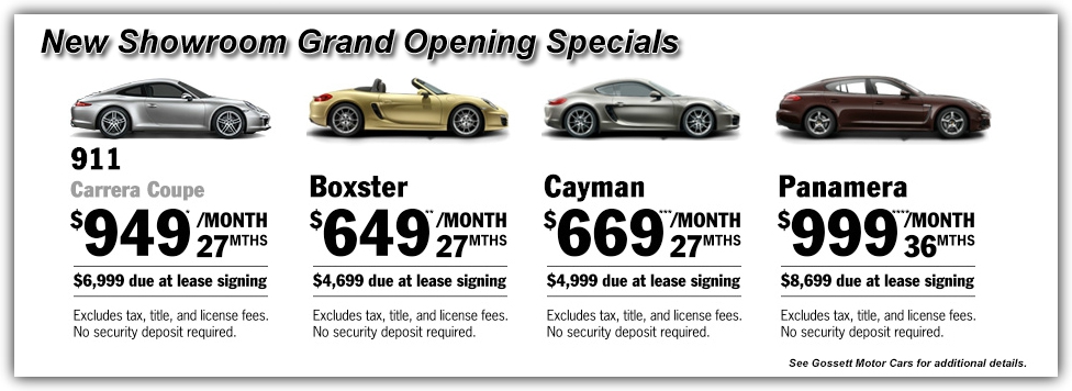 Advertisement showing several different Porsche models and current lease deals being offered on each one