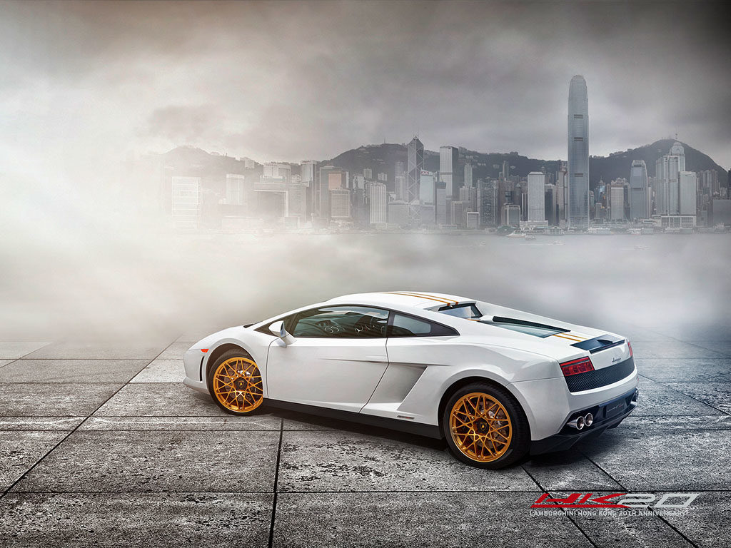 Lamborghini Gallardo LP550-2 Hong Kong 20th Anniversary Edition with the Hong Kong skyline as a backdrop