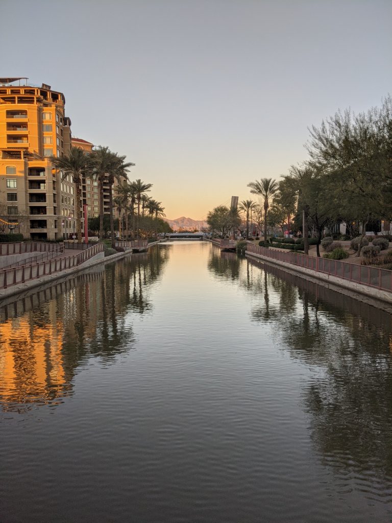 Scottsdale Waterfront area showing the Arizona Canal and surrounding buildings